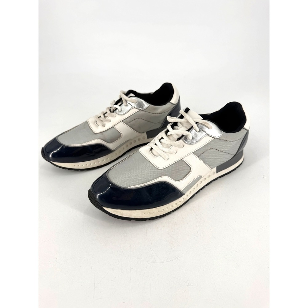 INC Bruno Jogger Sneakers Mens 10 Grey Navy Blue Patent Lace Up Athleisure